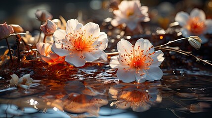  a group of white flowers floating on top of a body of water with drops of water on the bottom of the petals.  generative ai