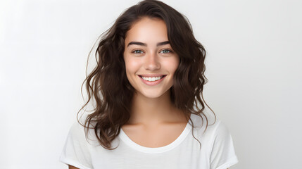 Portrait of authentic happy woman without makeup, smiling at camera, standing cute against white background.