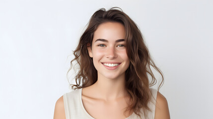Portrait of authentic happy woman without makeup, smiling at camera, standing cute against white background.