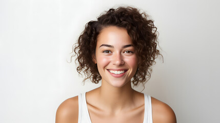 Fototapeta na wymiar Portrait of authentic happy woman without makeup, smiling at camera, standing cute against white background.