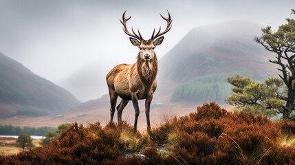A regal red deer stag standing proudly in a misty, Scottish Highland landscape.