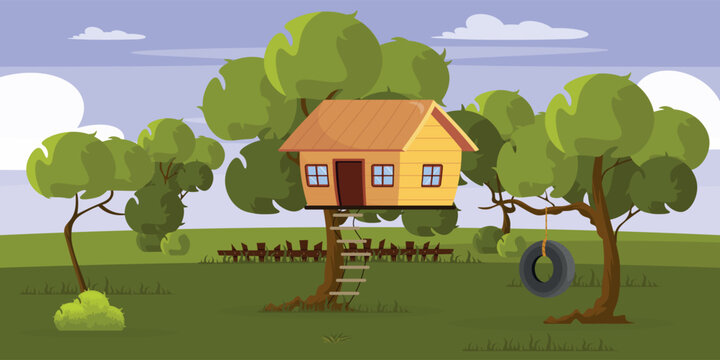 Vector illustration of a tree house. Cartoon scene of beautiful landscape with sky, clouds, mountains, wooden fence, trees, bushes, grass, tree house, steps, tire ring tied to tree.