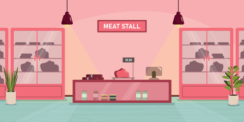 Vector illustration of a beautiful interior of a meat stall. Cartoon scene of a meat stall with a showcase, a refrigerator with sausages, meat, sausages, a cash register with scales, a grocery cart. - obrazy, fototapety, plakaty