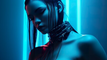 futuristic fantasy woman in neon cyberpunk glow portrait, future sci fi concept - obrazy, fototapety, plakaty