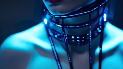 seductive young female in futuristic neon glowing choker, necklace or collar, beauty cyberpunk concept, in style of sci-fi and fantasy