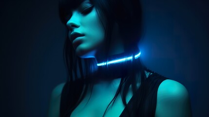 seductive young female in futuristic neon glowing choker, necklace or collar, beauty cyberpunk concept, in style of sci-fi and fantasy