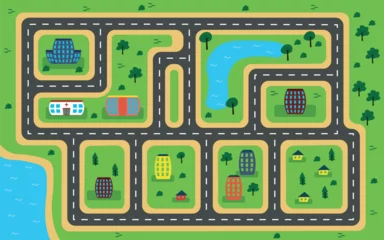 Fotobehang Vector illustration of a beautiful top view road map. Cartoon scene of children's road map with different colored houses, trees, Christmas trees, green bushes, blue lakes and roads. Road maze. © MVshop