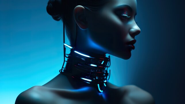 seductive young female in futuristic neon glowing choker, necklace or collar, beauty cyberpunk concept, in style of sci-fi and fantasy - Powered by Adobe