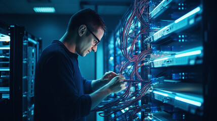 computer scientist works on a server rack in a server room - obrazy, fototapety, plakaty