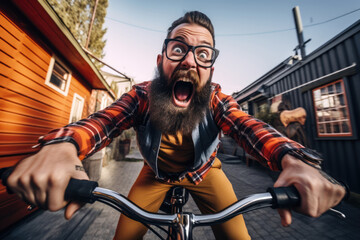 Funny angry bicycle activist: a hipster man with glasses and beard riding his bike on a narrow street, front view of hands holding handlebar and mouth open yelling road rage - obrazy, fototapety, plakaty