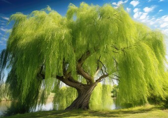 "Graceful Guardian: Behold the elegance of A Majestic Weeping Willow Tree, its Graceful Branches creating a serene and timeless scene that inspires tranquility." Ai generated.