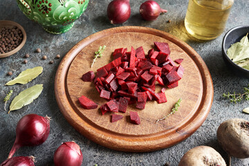 Preparation of fermented red beet kvass - obrazy, fototapety, plakaty