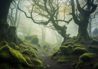 "Whispers of the Ancients: Exploring a Mystical Forest with Timeless Moss-Covered Trees." Ai generated.