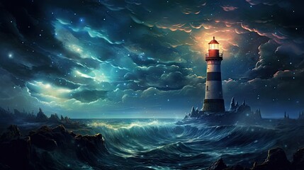  a painting of a lighthouse in the middle of a body of water with a sky full of clouds and stars.  generative ai