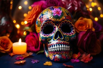 Day of the dead skull surrounded by candles and flowers mexican skull skeleton head dia de los muertos