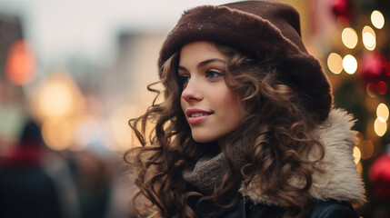 Fototapeta premium Generative AI, Beautiful young woman in the Christmas fair, blurred background, winter street market in Europe.