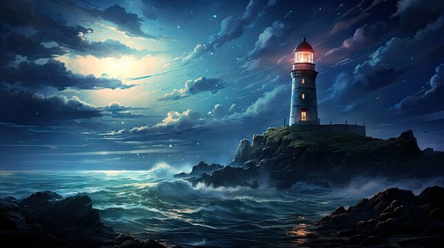  a painting of a lighthouse in the middle of a body of water with a full moon in the sky above it.  generative ai