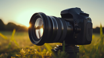 Close-up of a telephoto lens and camera body for nature photography on a tripod. DSLR in the...