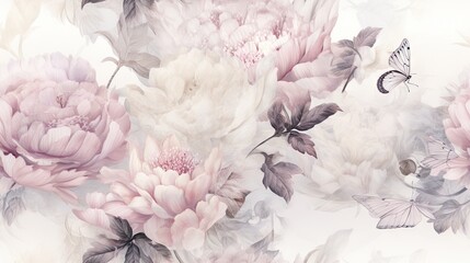  a white and pink floral wallpaper with a butterfly on the left side of the wall and a butterfly on the right side of the wall.  generative ai