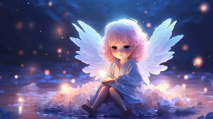 little girl fairy angel sitting on rock with firefly light glow around blue background, Generative Ai - obrazy, fototapety, plakaty