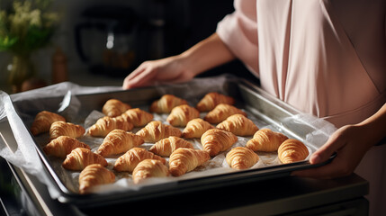 A woman is cooking croissants. Prepare for baking. Delicious traditional french crispy croissants for breakfast. Homemade bakery, cuisine for family. Girl chef work on kitchen table. Generated AI