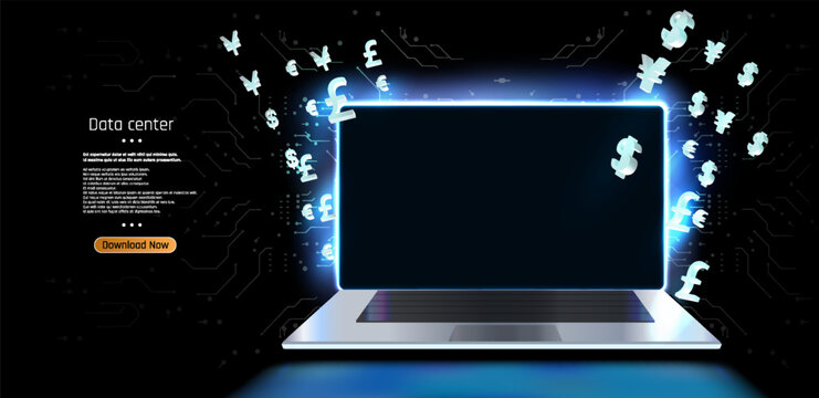 Futuristic Financial Technology Concept: Laptop with Data Center and Currency Symbols on a Dark Background