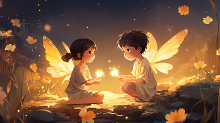 two boy and girl angel fairy sitting together in flower field at night time with firefly glitter glow around, anime illustration, Generative Ai - obrazy, fototapety, plakaty