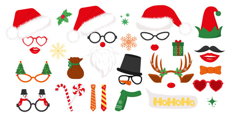 Santa hats, elf and snowman, reindeer antlers, glasses. Set of New Year cliparts. Props for Christmas photo booth. Vector illustration © Sviatlana