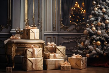 gift boxes on the background of a fireplace and Christmas tree, holiday, background. Generative AI