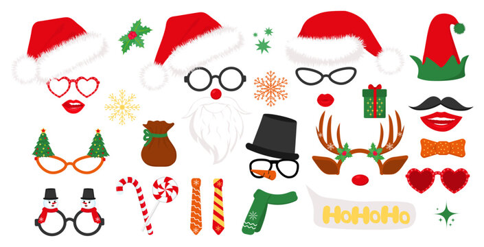 Santa hats, elf and snowman, reindeer antlers, glasses. Set of New Year cliparts. Props for Christmas photo booth. Vector illustration