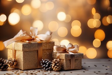 Golden gift boxes and pine cones on a blurred festive background, Christmas, Generative AI