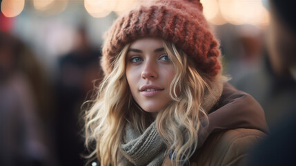 Generative AI, Beautiful young woman in the Christmas fair, blurred background, winter street market in Europe.