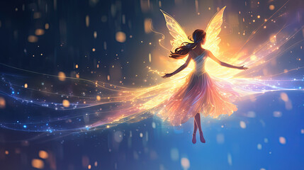 fairy with wings and glitter glow light magic dream background, Generative Ai - obrazy, fototapety, plakaty