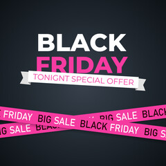 Black friday poster. Pink ribbon with sale text. Minimalistic abstract design for web banner, social media, ad, promo poster. Vector illustration