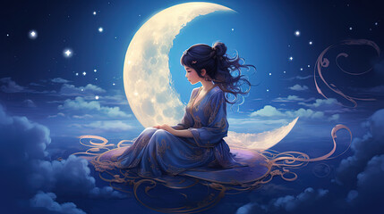a woman sitting before crescent moon and cloud at night time, Celestial heaven atmosphere, Generative Ai - obrazy, fototapety, plakaty