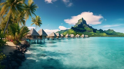 A peaceful and tranquil lagoon in Bora Bora, French Polynesia, with crystal-clear waters and overwater bungalows dotting the shoreline. create using a generative ai tool  - obrazy, fototapety, plakaty