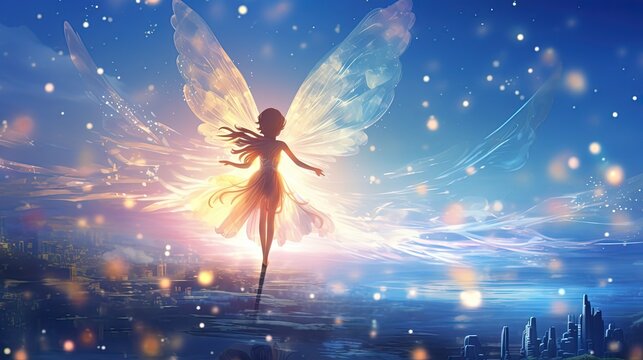 fairy with wings and glitter glow light magic dream background, Generative Ai