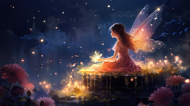 pretty little girl fairy angel sitting on yellow flower field with light glow from flower, Generative Ai
