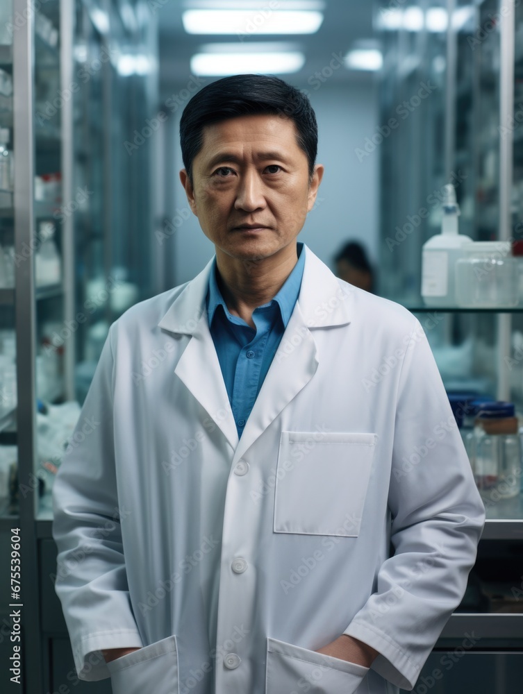 Poster a man in a lab coat standing in front of shelves. generative ai.