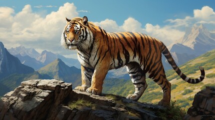 A South China tiger surveying its territory on a rocky plateau in China, the rugged landscape stretching into the distance.