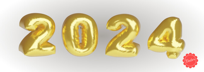 New year 2024 golden number. 3d render gold metallic sign and text letter. Realistic style gold metal number. Vector 3d realistic