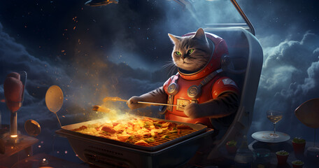 A funny astronaut cat grilling in a galactic setting, surrounded by space smoke.