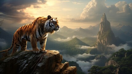 A South China tiger surveying its territory on a rocky plateau in China, the rugged landscape...