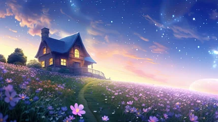 Foto op Canvas small house on flower field hill with starry dawn sky, Generative Ai © Seek and Find