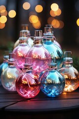 tiny glass gifts and decorations, with a small world inside, in the winter forest, decorated for Christmas or New Year's holiday, garlands, a fairy-tale environment
