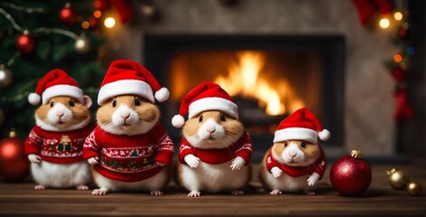 A family of funny cute hamsters dressed up in Christmas sweaters and a red hat pose on a Christmas background with gifts and a Christmas tree. Concept. Digital painting illustration. Generative AI
