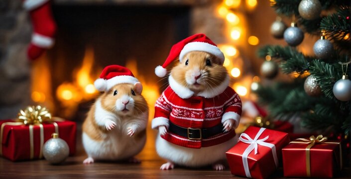 Two funny and cute hamsters dressed up in Christmas sweaters and a red hat pose on a Christmas background with gifts and a Christmas tree in the background. Digital painting illustration.Generative Ai