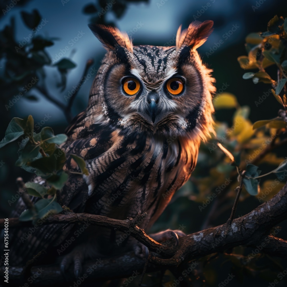Poster an owl sitting on top of a tree branch. generative ai.