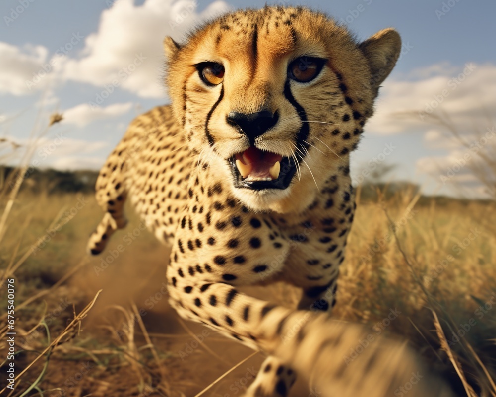 Poster a cheetah running through a field of tall grass. generative ai.
