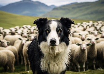 A dog standing in front of a herd of sheep. Generative AI.